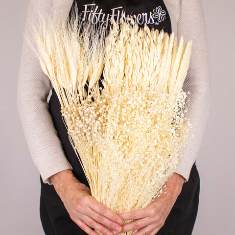 Monochromatic Bleach Dried DIY Flower Kit Bunches in Hand