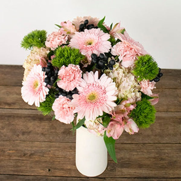 Picnic Basket Pink And Green Flower Arrangement Arrangements