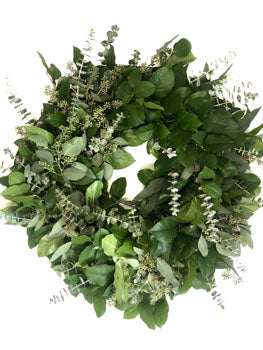 Whimsical Salal Greenery wreath close up