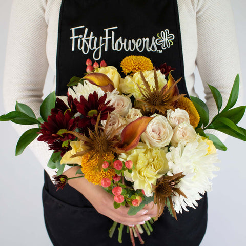Yellow Burgundy Flower Centerpiece Bunch in Hand