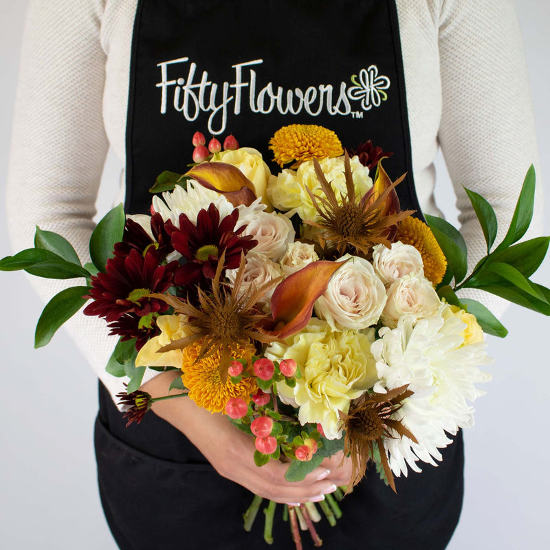 Yellow Burgundy Flower Centerpiece Bunch in Hand