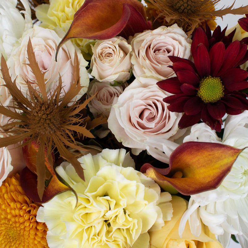 Yellow Burgundy Flower Centerpiece Up Close